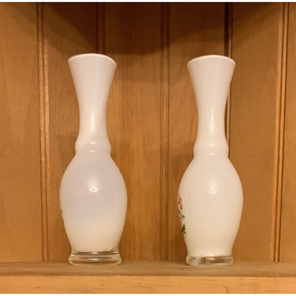 Vintage White Milk Glass Bud Vases With Hand-Painted Floral Design Set Of 2 - Picture 7 of 7